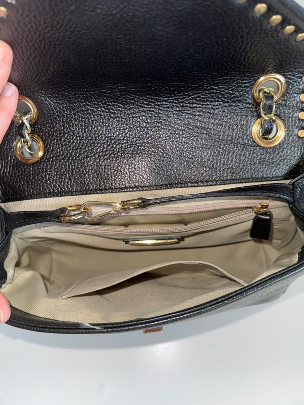 Valentino Black Pebbled Leather Stud-Trim Shoulder Bag with Gold Chain - Picture 10 of 13